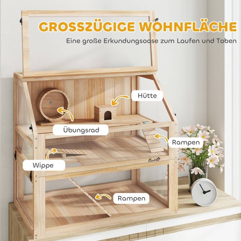 Cage Hamster Luxe Bois 3 Niveaux Équipée Vitre Acrylique 80cm Naturel - ComfortXL Pet Living - Image 4