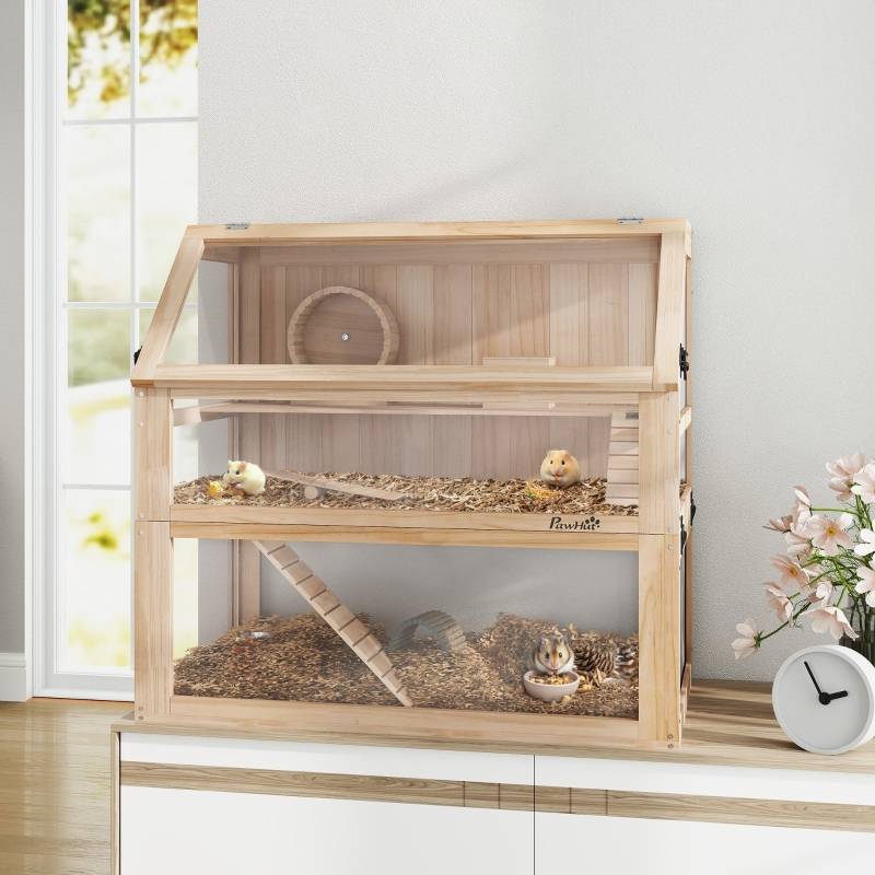 Cage Hamster Luxe Bois 3 Niveaux Équipée Vitre Acrylique 80cm Naturel - ComfortXL Pet Living - Image 1