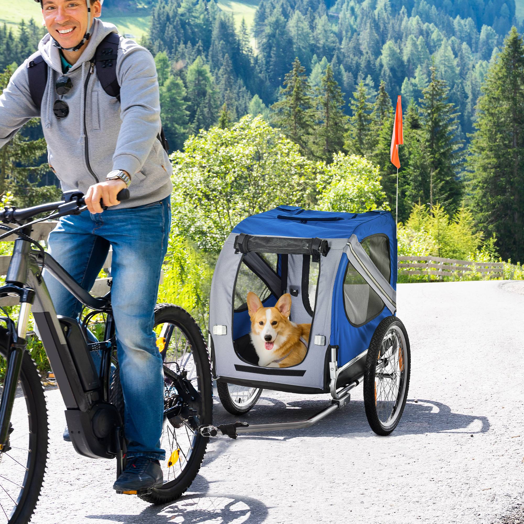Remorque vélo pour chien animaux 8 réflecteurs drapeau barre attelage inclus 130 x 73 x 90 cm blanc et bleu - Image 3