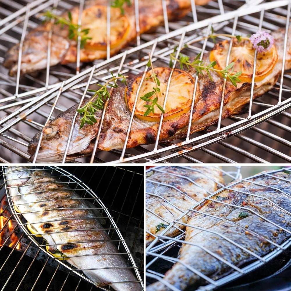 OBYCPIN Panier Barbecue Inox Pliable 32x22 Cm Avec 2 Brosses Silicone - Pour Poisson Crevettes Légumes