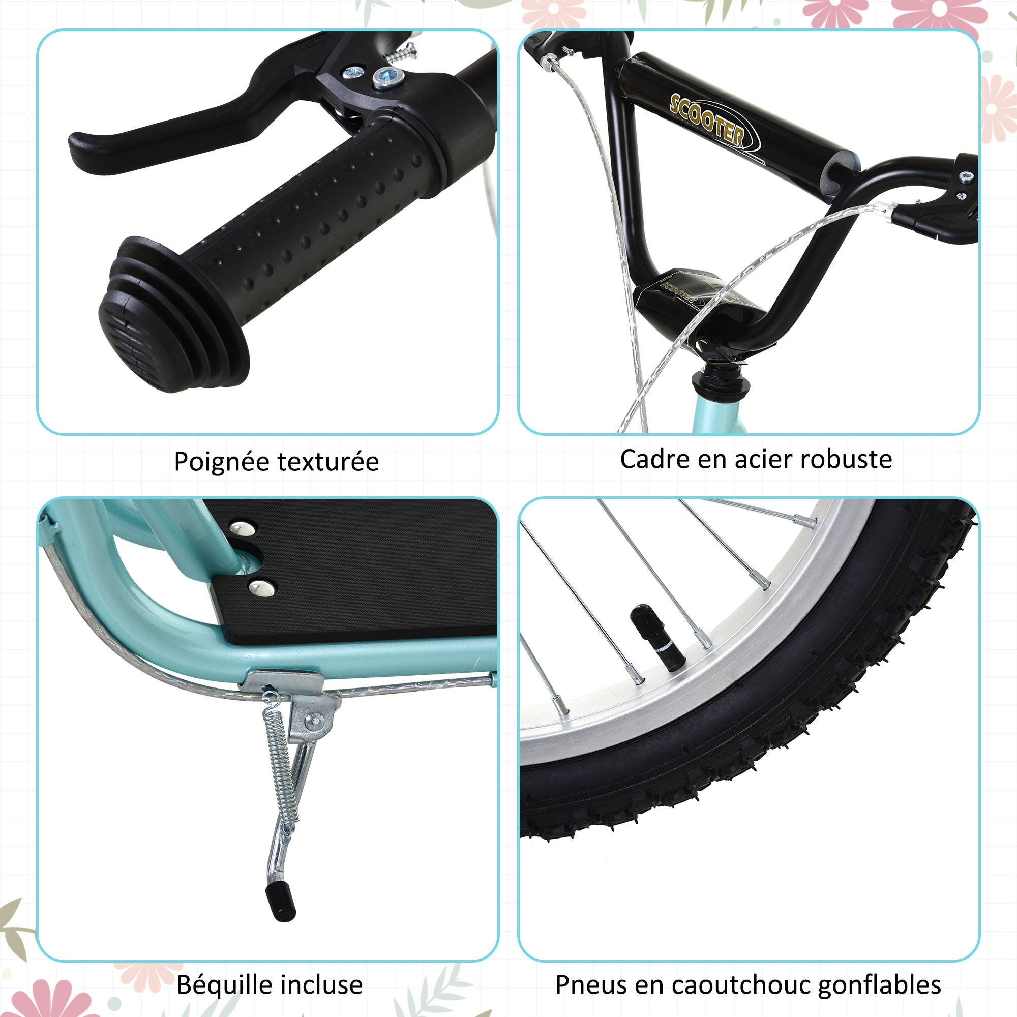 Trottinette Enfants dès 5 Ans grands pneus caoutchouc guidon réglable frein béquille acier 100 Kg Bleu - Image 7