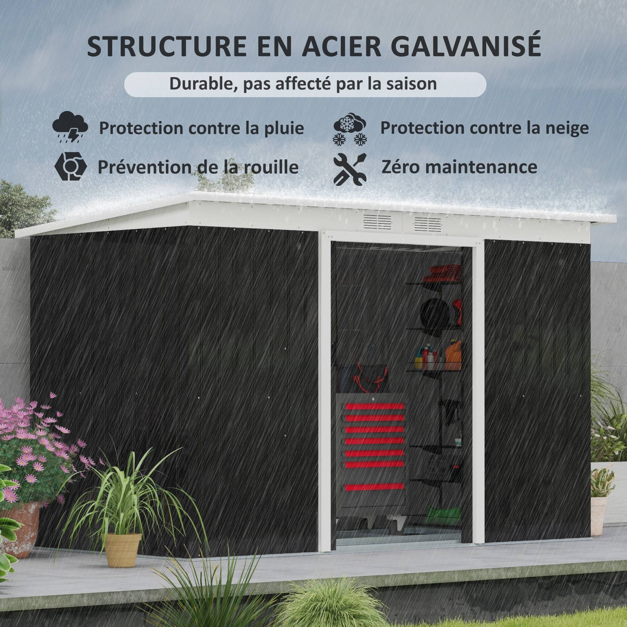 Abri de Jardin Acier Galvanisé XXL 3,6 m² avec Kit Fondation, 280 x 130 x 172 cm, Rangement Outils, Portes Coulissantes, Noir - Image 6