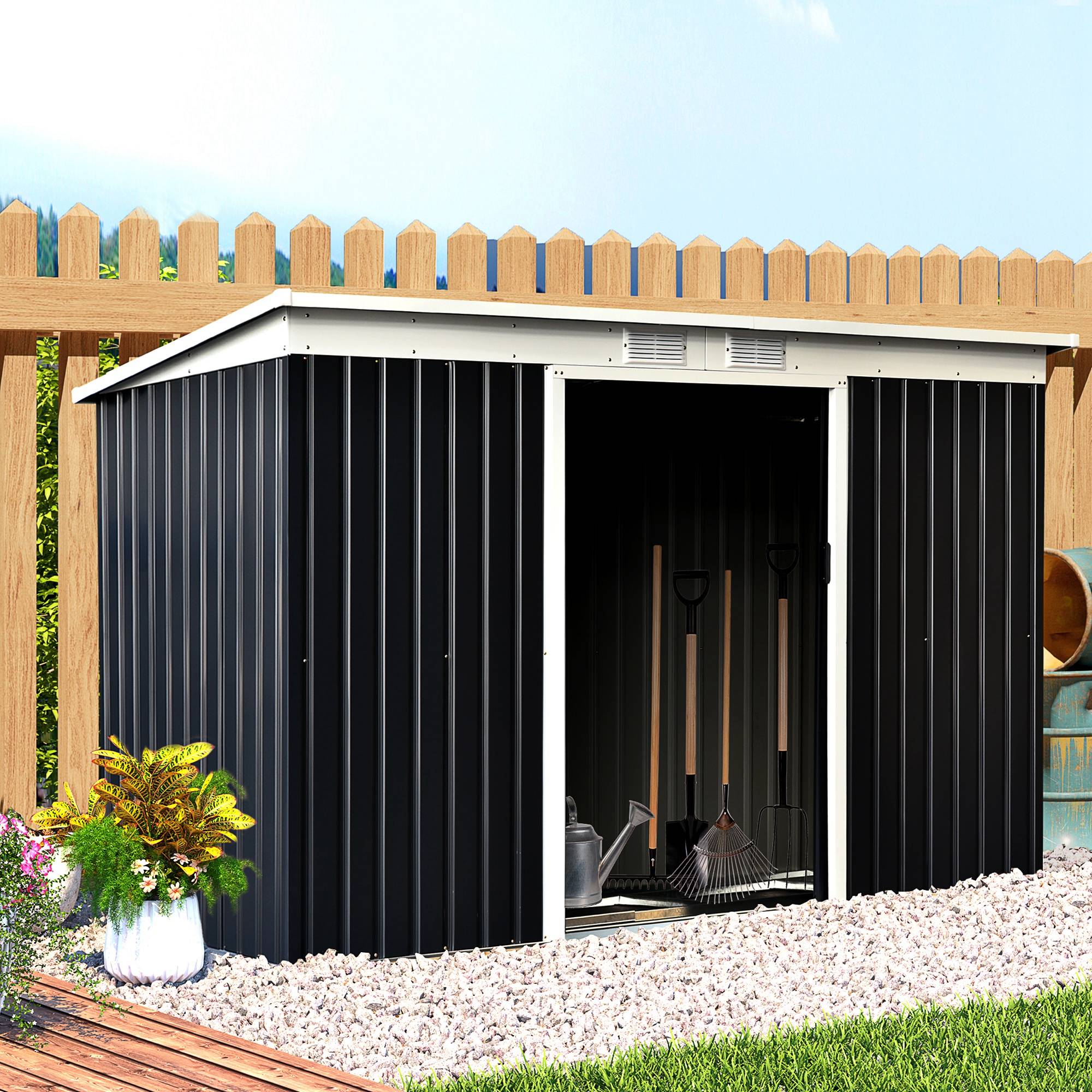 Abri de Jardin Acier Galvanisé XXL 3,6 m² avec Kit Fondation, 280 x 130 x 172 cm, Rangement Outils, Portes Coulissantes, Noir - Image 3