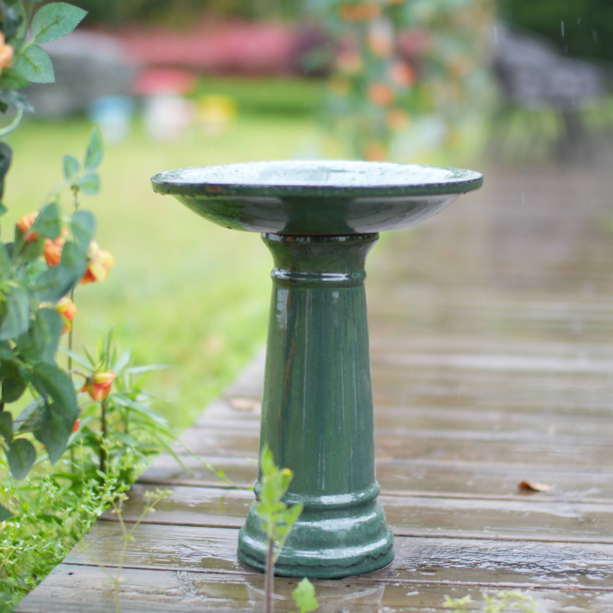 ComfortXL - Bain d’oiseaux en grès Ø 31,5 x H 38 cm vert foncé pour jardin terrasse sur pied - ComfortXL Outdoor Living - Image 5
