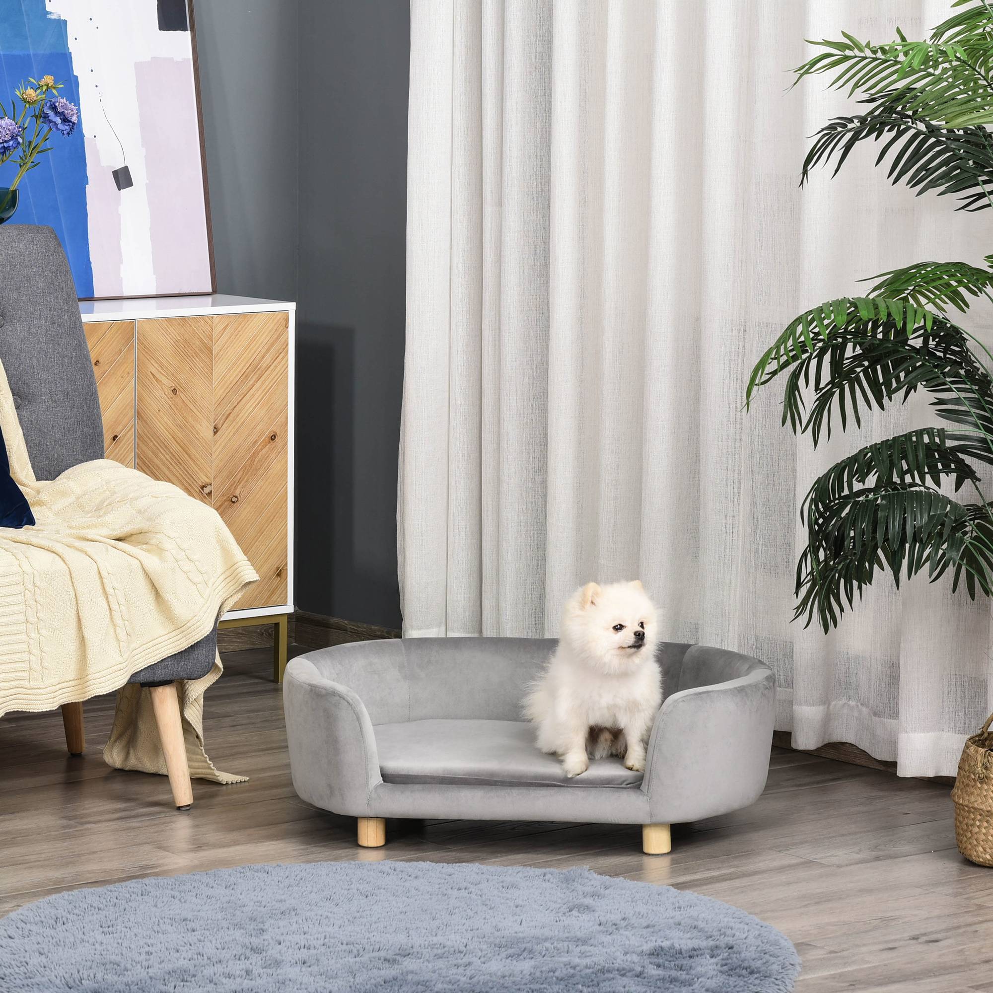 ComfortXL - Canapé pour petit chien velours mousse 86 x 55 x 33 cm gris clair dossier 3 côtés et coussin amovible - Image 1