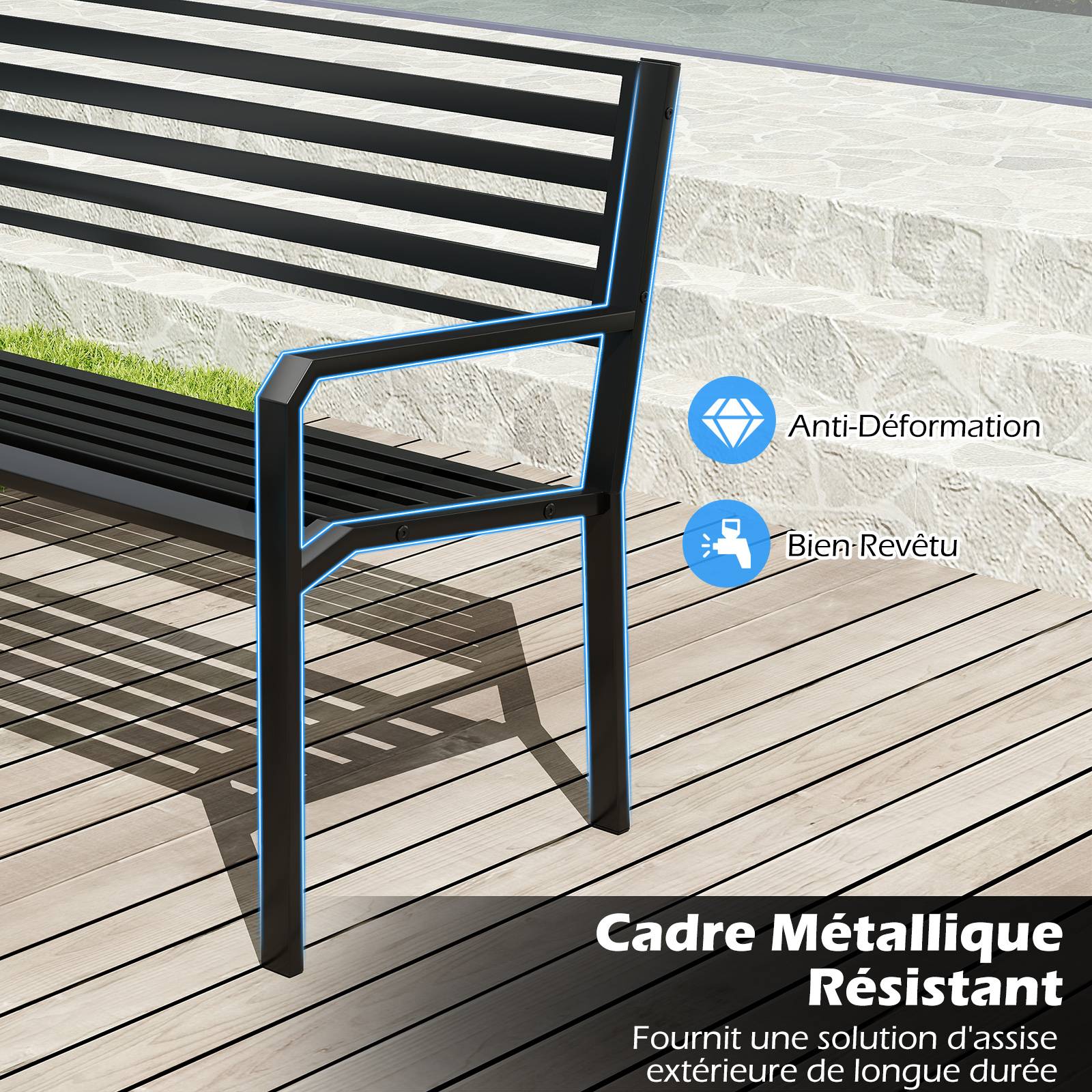 Banc de Parc Métallique 127cm à Lattes pour 2-3 Personnes avec Accoudoirs et Dossier, Siège Moderne pour Cour, Bord de Piscine, Porche, Noir - Image 3