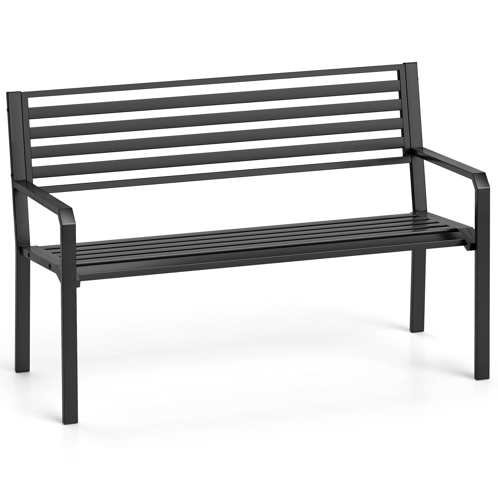 Banc de Parc Métallique 127cm à Lattes pour 2-3 Personnes avec Accoudoirs et Dossier, Siège Moderne pour Cour, Bord de Piscine, Porche, Noir - Image 1