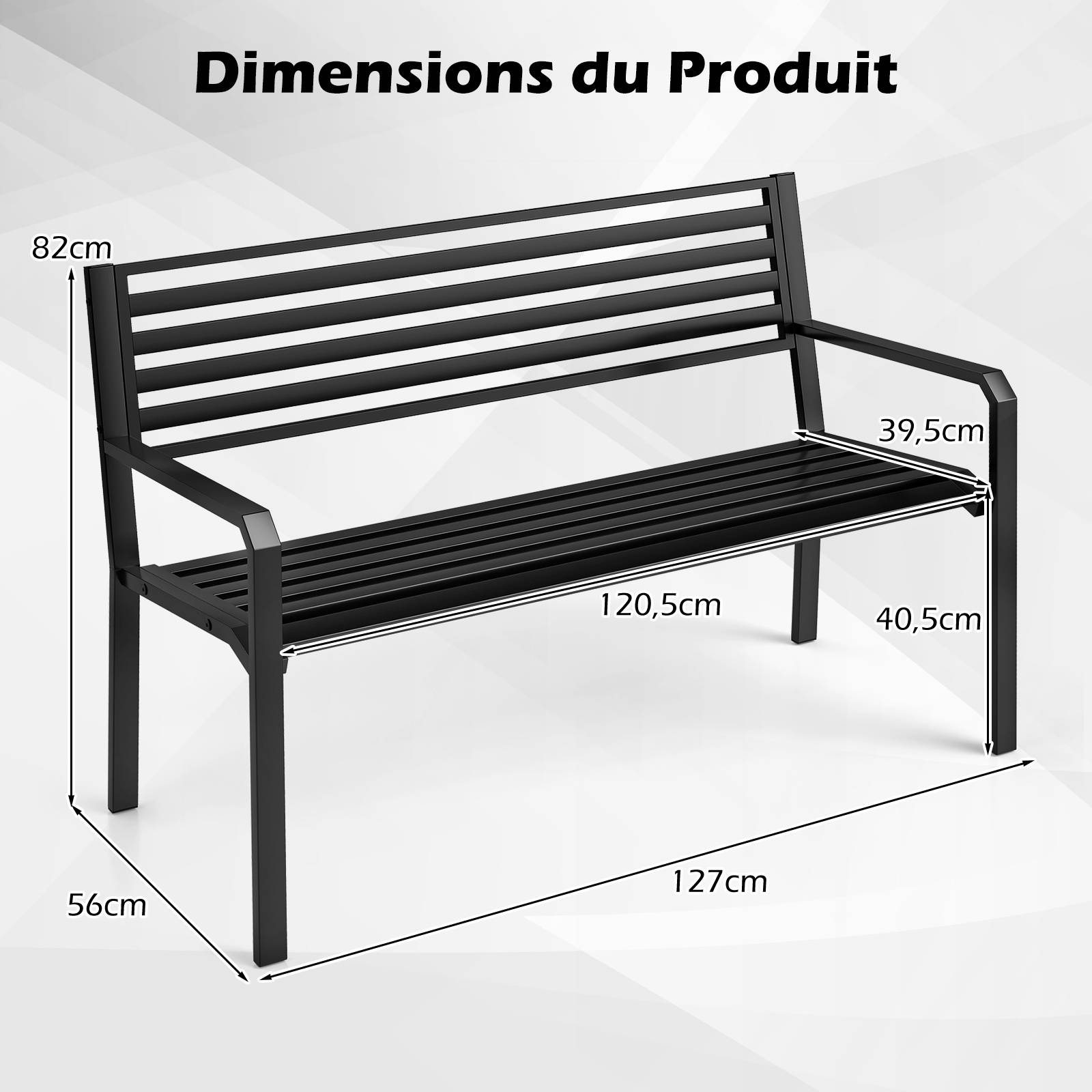 Banc de Parc Métallique 127cm à Lattes pour 2-3 Personnes avec Accoudoirs et Dossier, Siège Moderne pour Cour, Bord de Piscine, Porche, Noir - Image 2