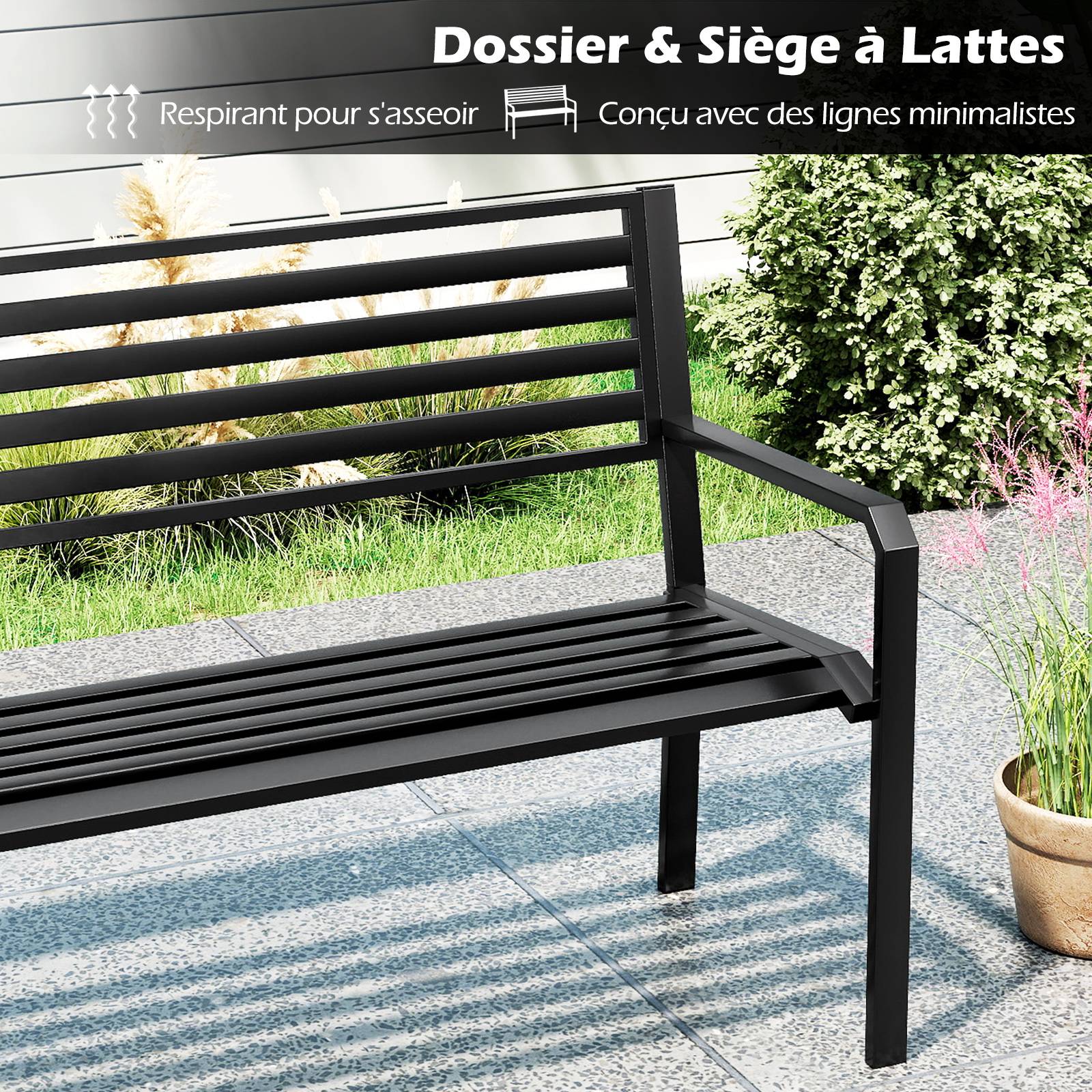 Banc de Parc Métallique 127cm à Lattes pour 2-3 Personnes avec Accoudoirs et Dossier, Siège Moderne pour Cour, Bord de Piscine, Porche, Noir - Image 5