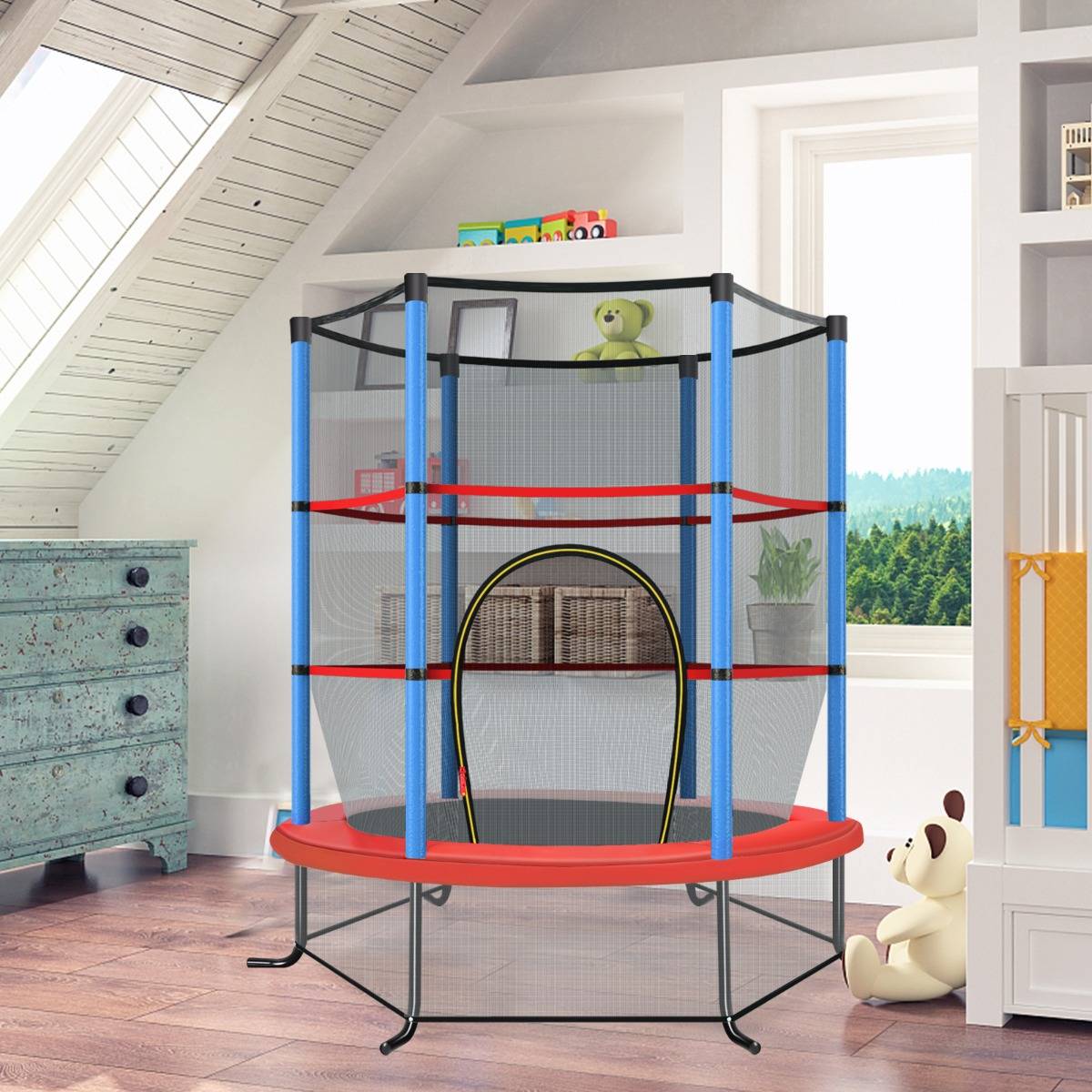 Maison Chic - Trampoline de Jardin pour Enfants Ø165CM avec Filet de Protection Appuis de Ressorts et Structure en Acier Bleu - Image 2