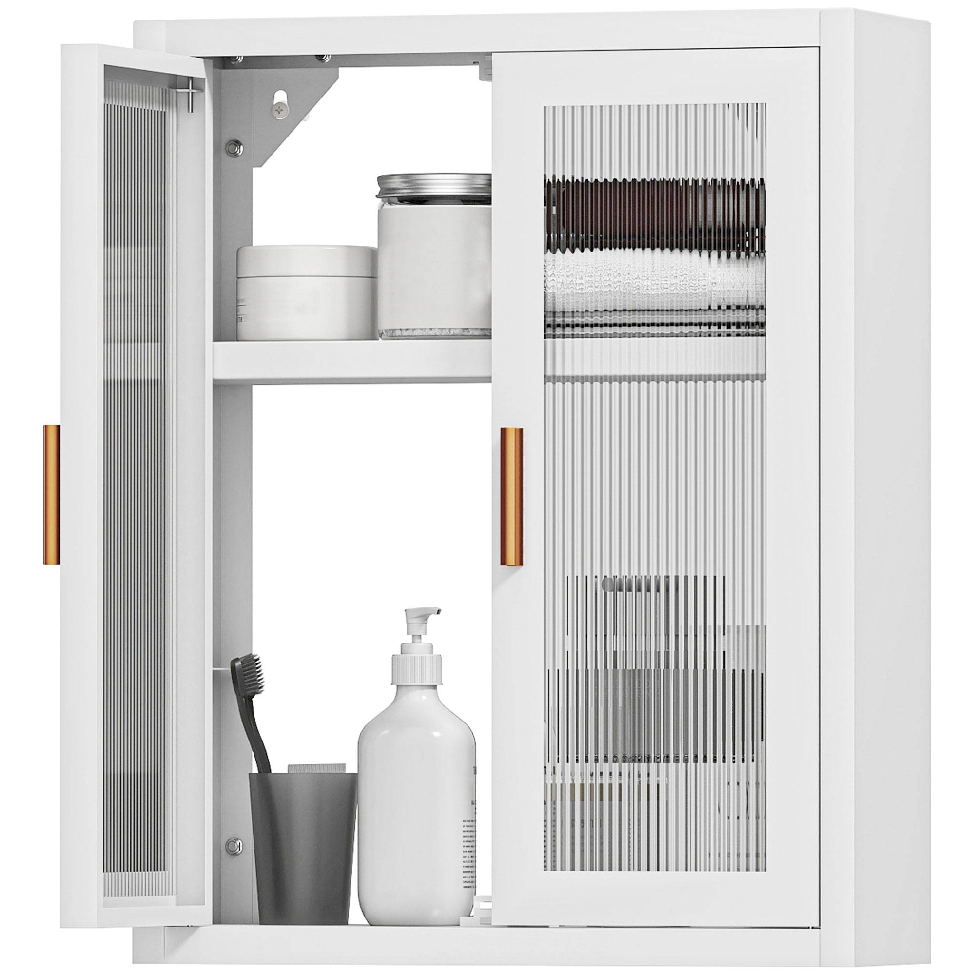 Sans Marque - Armoire murale salle bain meuble haut 2 portes cannelées étagère réglable 40x14x50cm blanc - Image 1