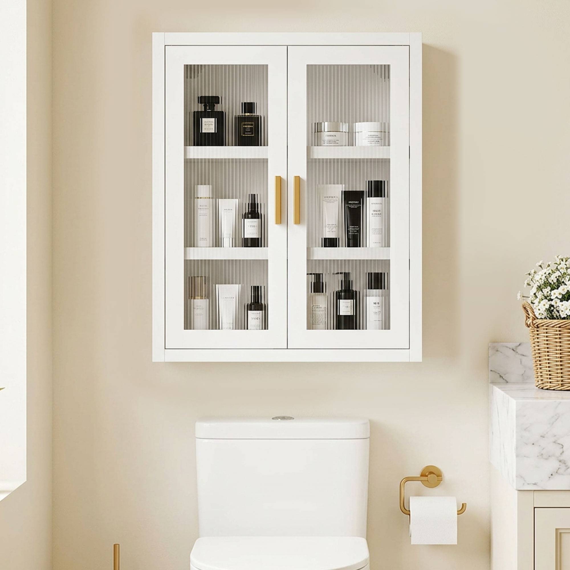 Sans Marque - Armoire murale salle bain meuble haut 2 portes cannelées étagère réglable 40x14x50cm blanc - Image 3