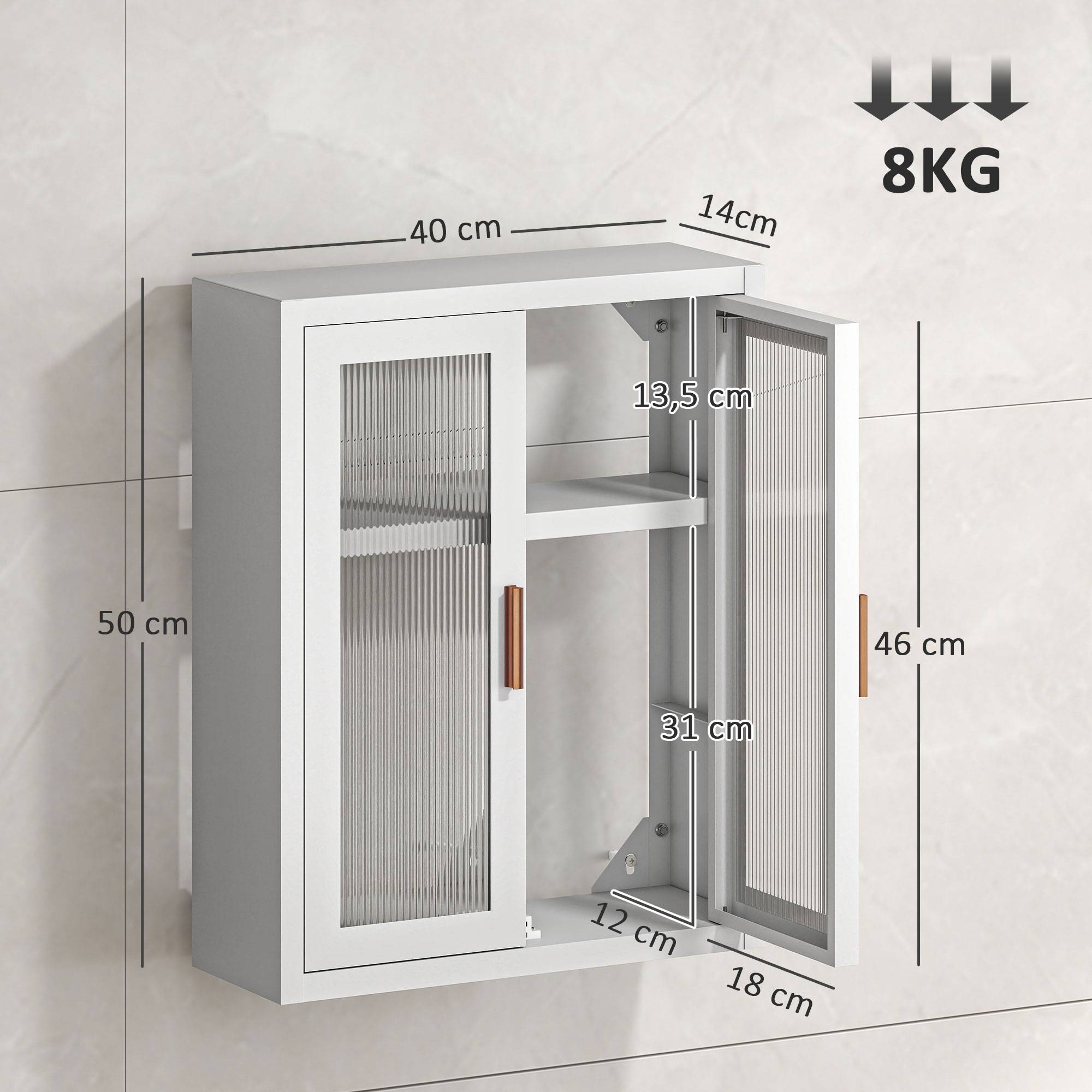 Sans Marque - Armoire murale salle bain meuble haut 2 portes cannelées étagère réglable 40x14x50cm blanc - Image 5