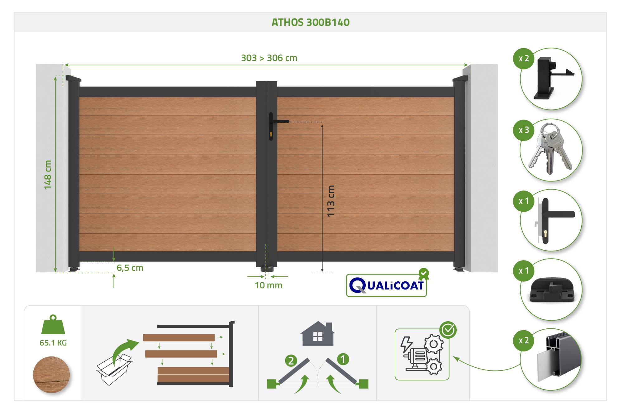 Casanoov Portail bois composite battant 3m ATHOS H.140cm teck avec cadre aluminium + portillon composite ATHOS 1m H.140cm - Image 2