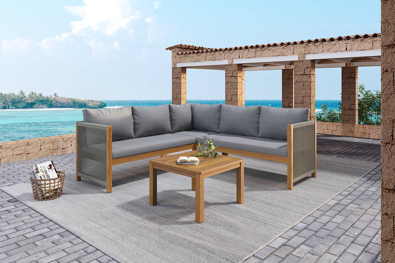 Set de jardin avec canapé d'angle, table en acacia et coussins, Gris - PANGIVO - Image 8