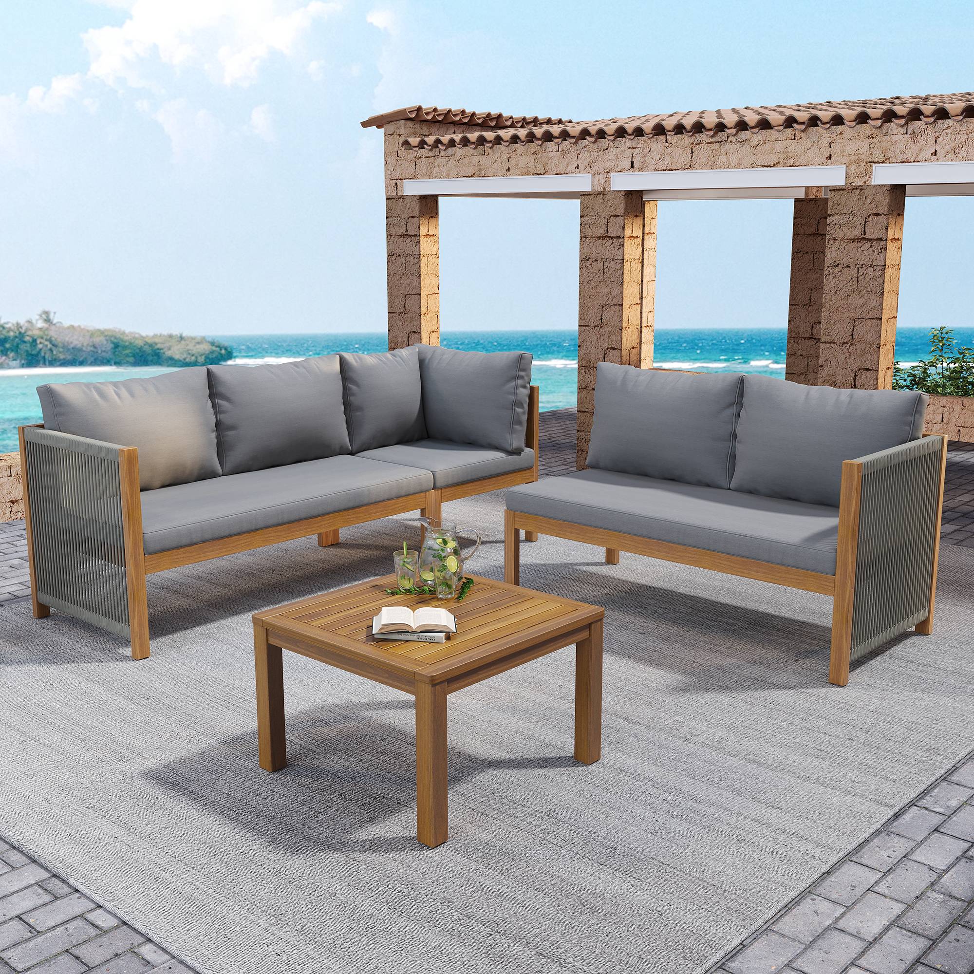 Set de jardin avec canapé d'angle, table en acacia et coussins, Gris - PANGIVO - Image 2