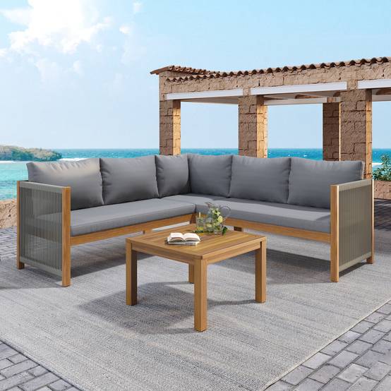 Set de jardin avec canapé d'angle, table en acacia et coussins, Gris - PANGIVO - Image 1