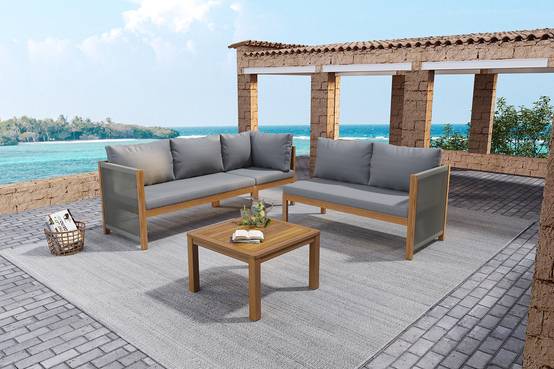 Set de jardin avec canapé d'angle, table en acacia et coussins, Gris - PANGIVO - Image 9