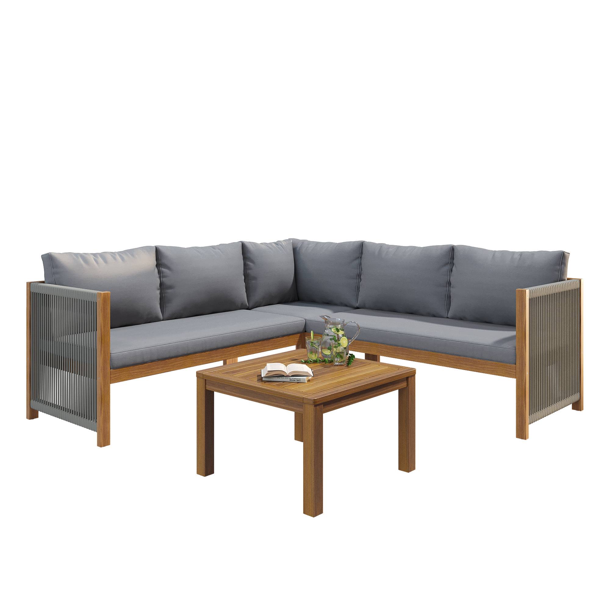 Set de jardin avec canapé d'angle, table en acacia et coussins, Gris - PANGIVO - Image 7