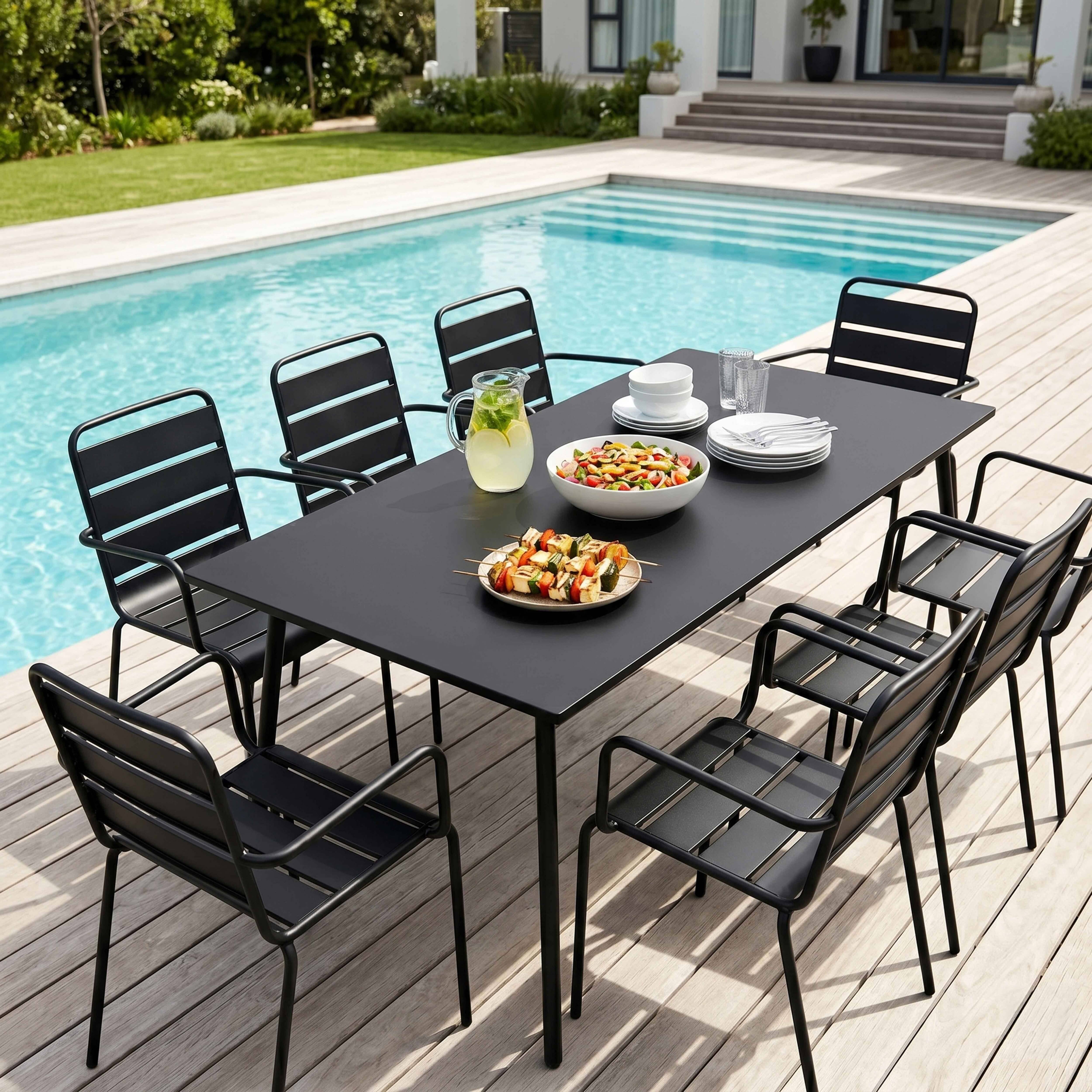 Oviala - Ensemble table de Jardin et 8 fauteuils en métal noir Palavas - Oviala - Image 2
