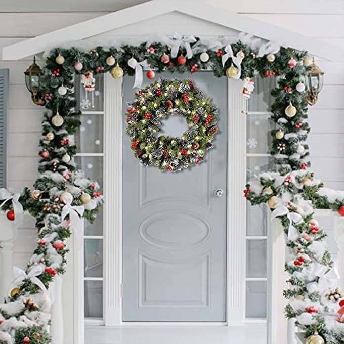 1 couronne de Noël artificielle pour la maison, pour la Saint-Sylvestre, avec branches de pin artificielles, 45 cm - Image 3