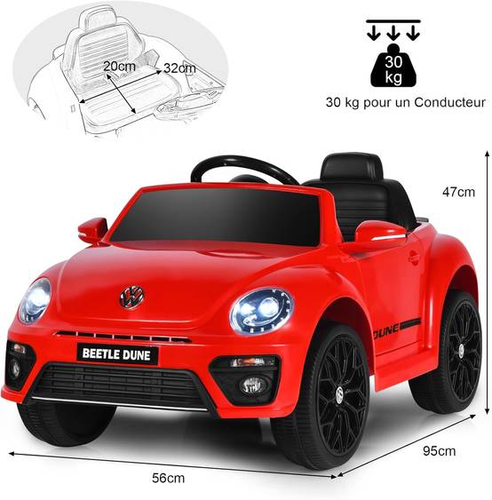 Volkswagen Beetle Voiture Électrique 12V Enfants avec Télécommande 2,4G,Charge 30kg Rouge - Image 4