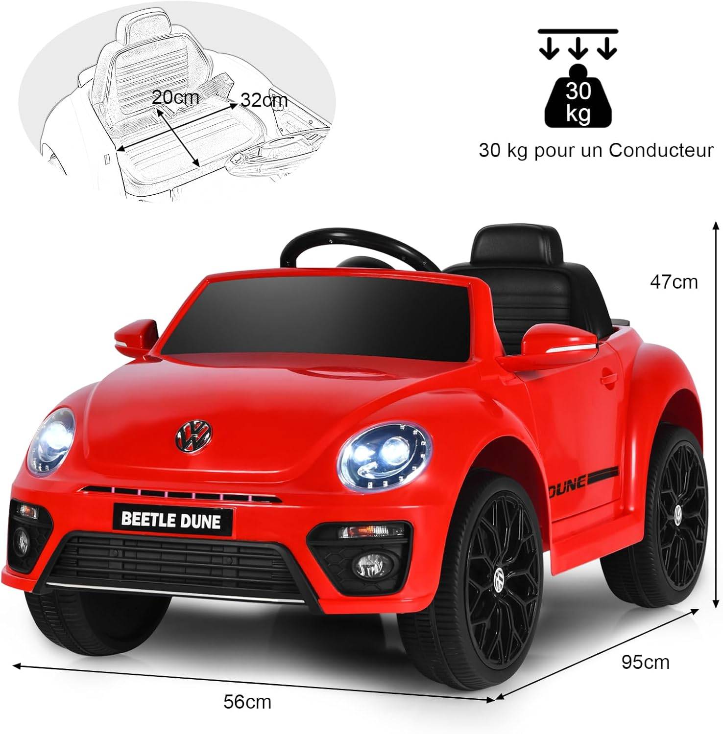 Volkswagen Beetle Voiture Électrique 12V Enfants avec Télécommande 2,4G,Charge 30kg Rouge - Image 4