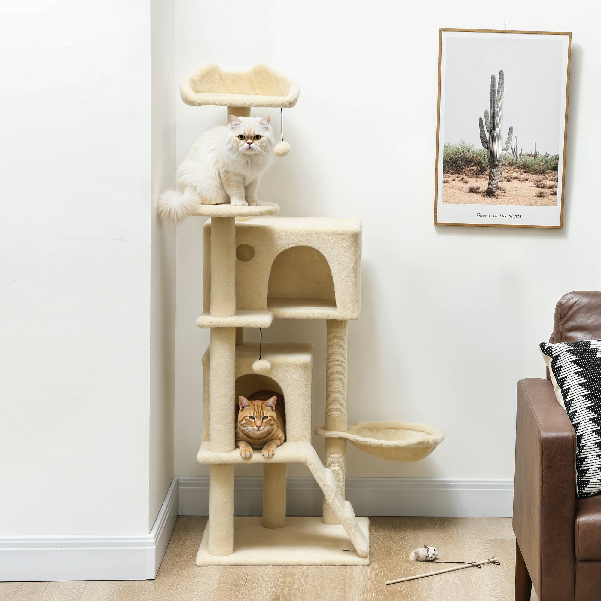 arbre à chat 140 cm hamac échelle grotte 2 balles peluche poteaux sisal 48x48x140 cm beige chat intérieur - Image 4