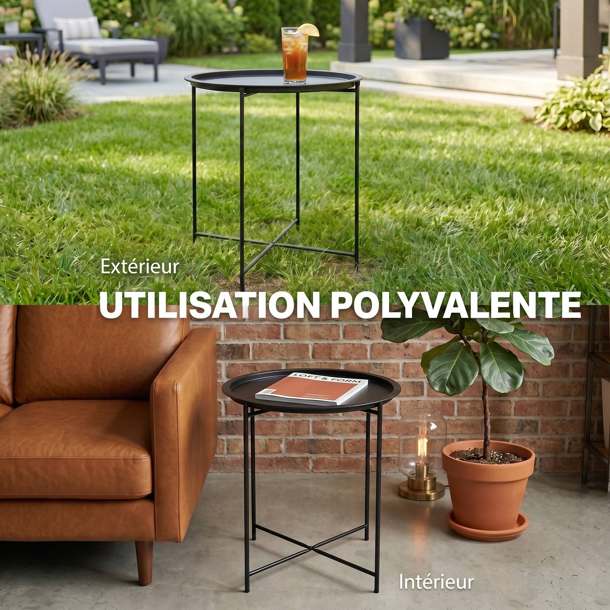 Petite table basse ronde table d'appoint plateau amovible avec bord relevé pieds pliables en acier Ø 46 x 53 cm noir - Image 9