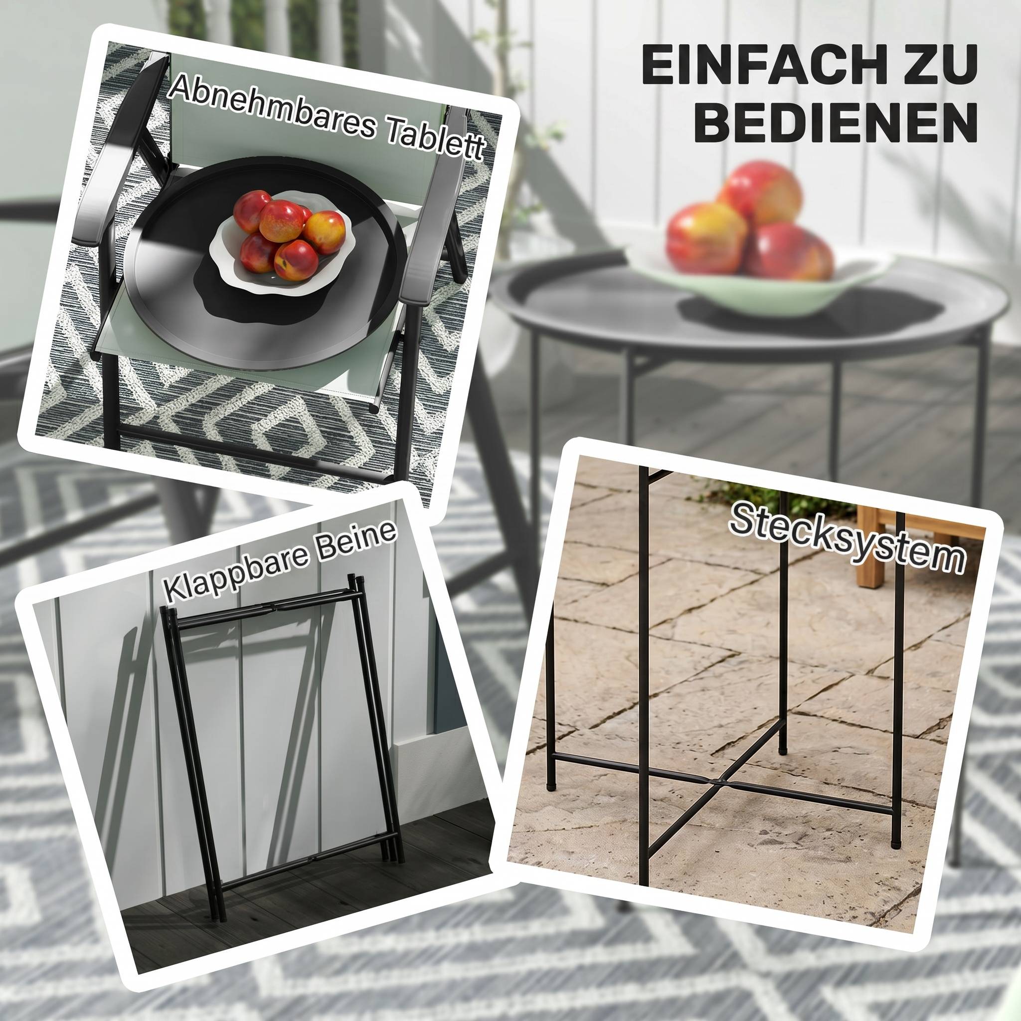Petite table basse ronde table d'appoint plateau amovible avec bord relevé pieds pliables en acier Ø 46 x 53 cm noir - Image 6