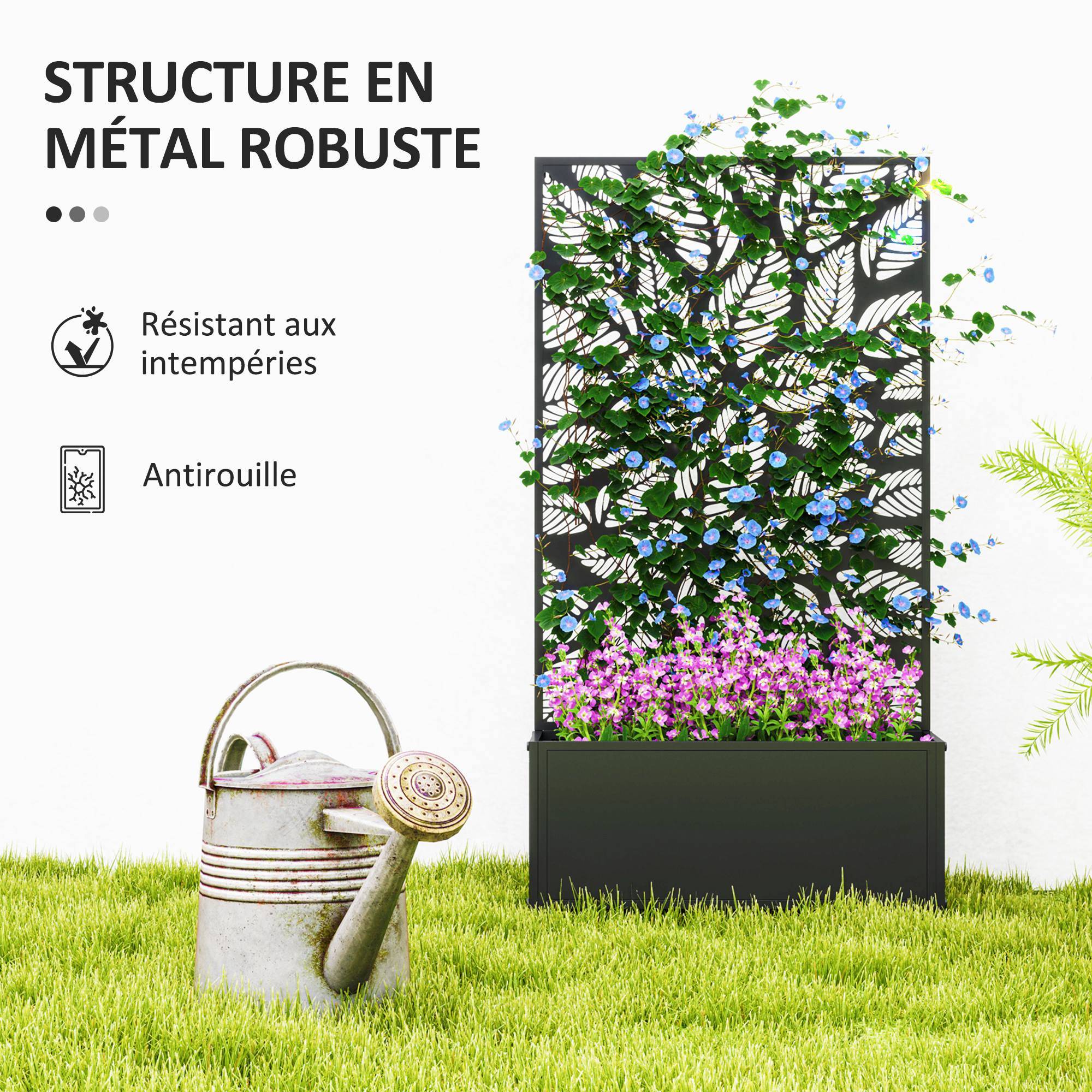 Outsunny - Jardinière avec treillis brise-vue paravent sur pieds/murale bac à fleurs rectangulaire balcon/terrasse/patio métal noir 61x23x113 cm - Outsunny - Image 5