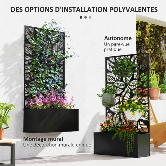 Outsunny - Jardinière avec treillis brise-vue paravent sur pieds/murale bac à fleurs rectangulaire balcon/terrasse/patio métal noir 61x23x113 cm - Outsunny - Image 4