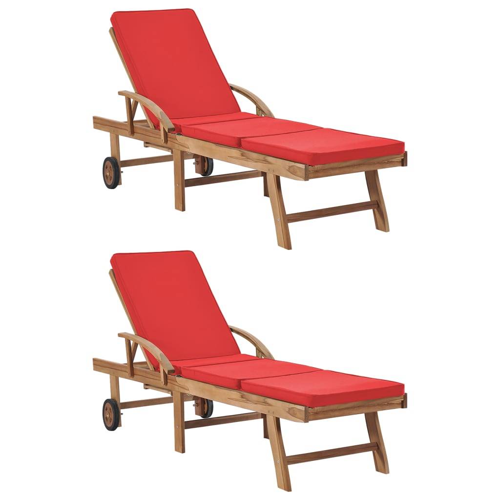 Helloshop26 - Lot de 2 transats chaise longue bain de soleil lit de jardin terrasse meuble d'extérieur avec coussins bois de teck solide rouge - Image 1
