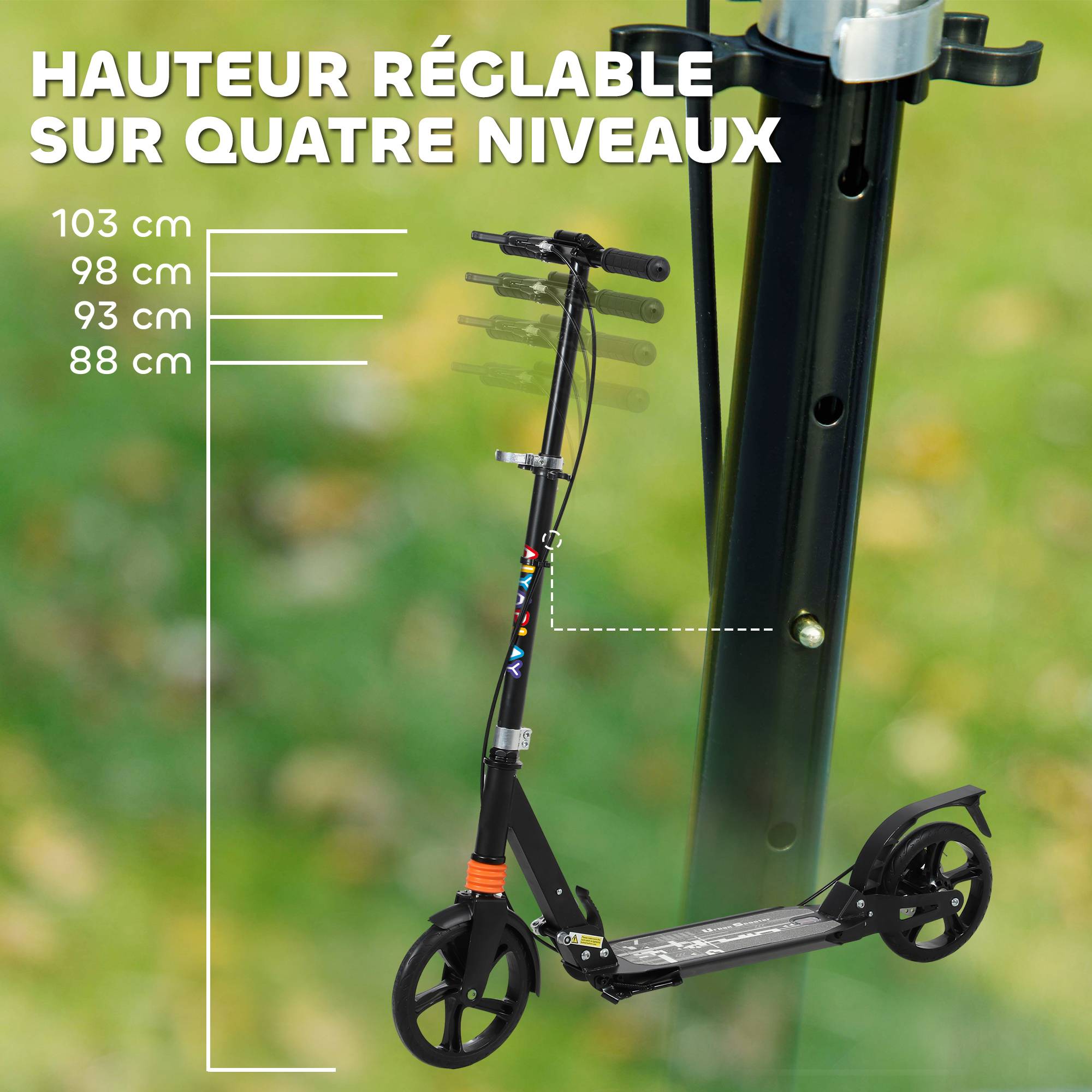 Trottinette enfants, trottinette pliable à 2 roues, guidon à 4 réglages en hauteur, 94 x 36 x 88-103 cm, noir - Image 6
