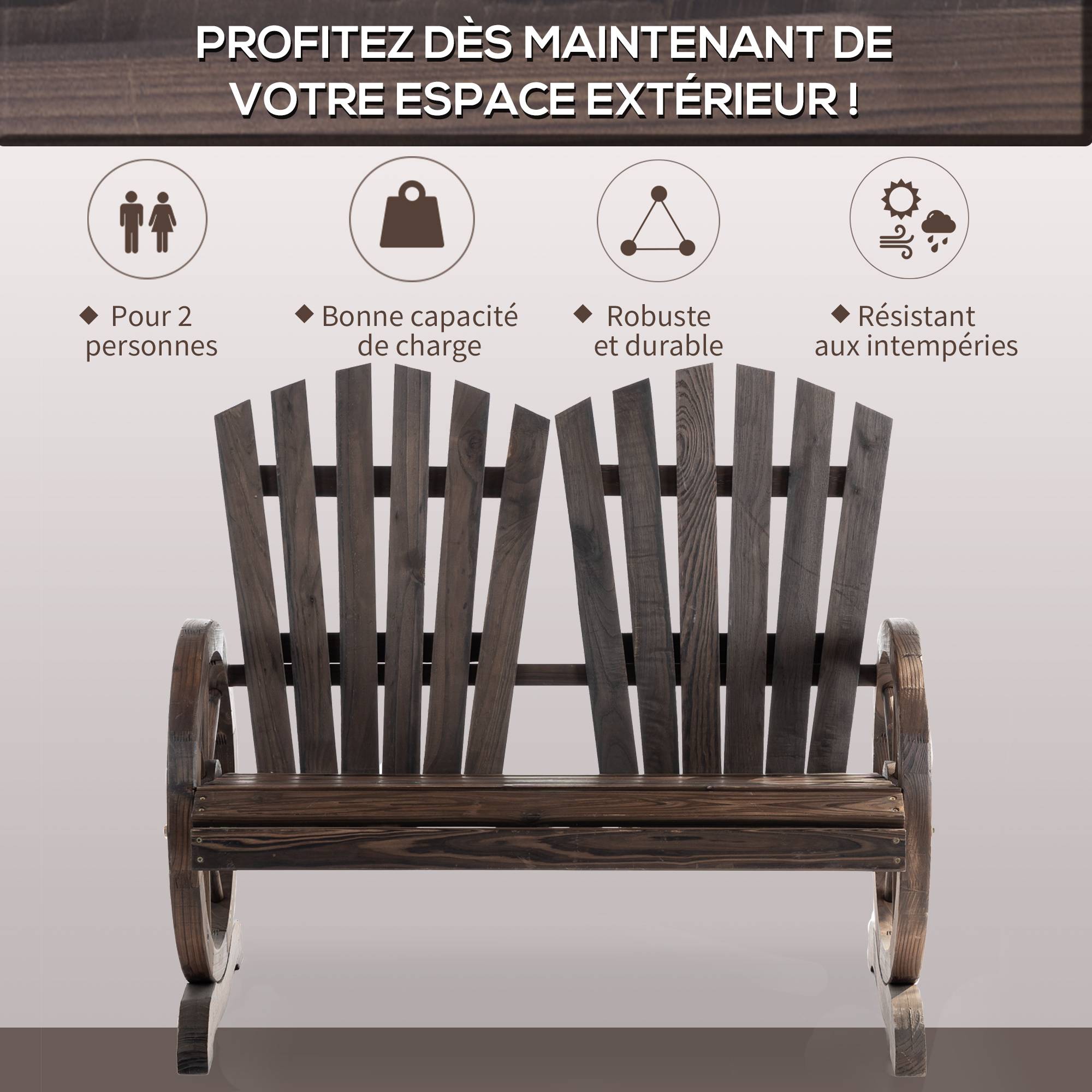 Outsunny - Banc de jardin 2 places Adirondack style rustique chic accoudoirs roues charette bois sapin traité carbonisation - Outsunny - Image 6