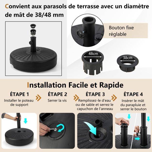 Helloshop26 - Pied de parasol lourd pour parasol 38/48 mm socle parasol extérieur en HDPE rempli de 28 kg sable 18 litres eau 50 x h30 cm - Image 5