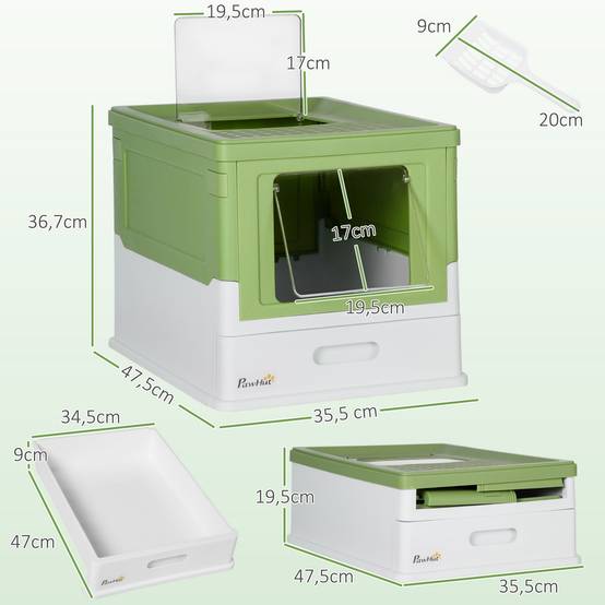 Bac à litière fermé pliable double entrée tiroir amovible avec pelle blanc vert 47x35cm - ComfortXL Outdoor Living - Image 5
