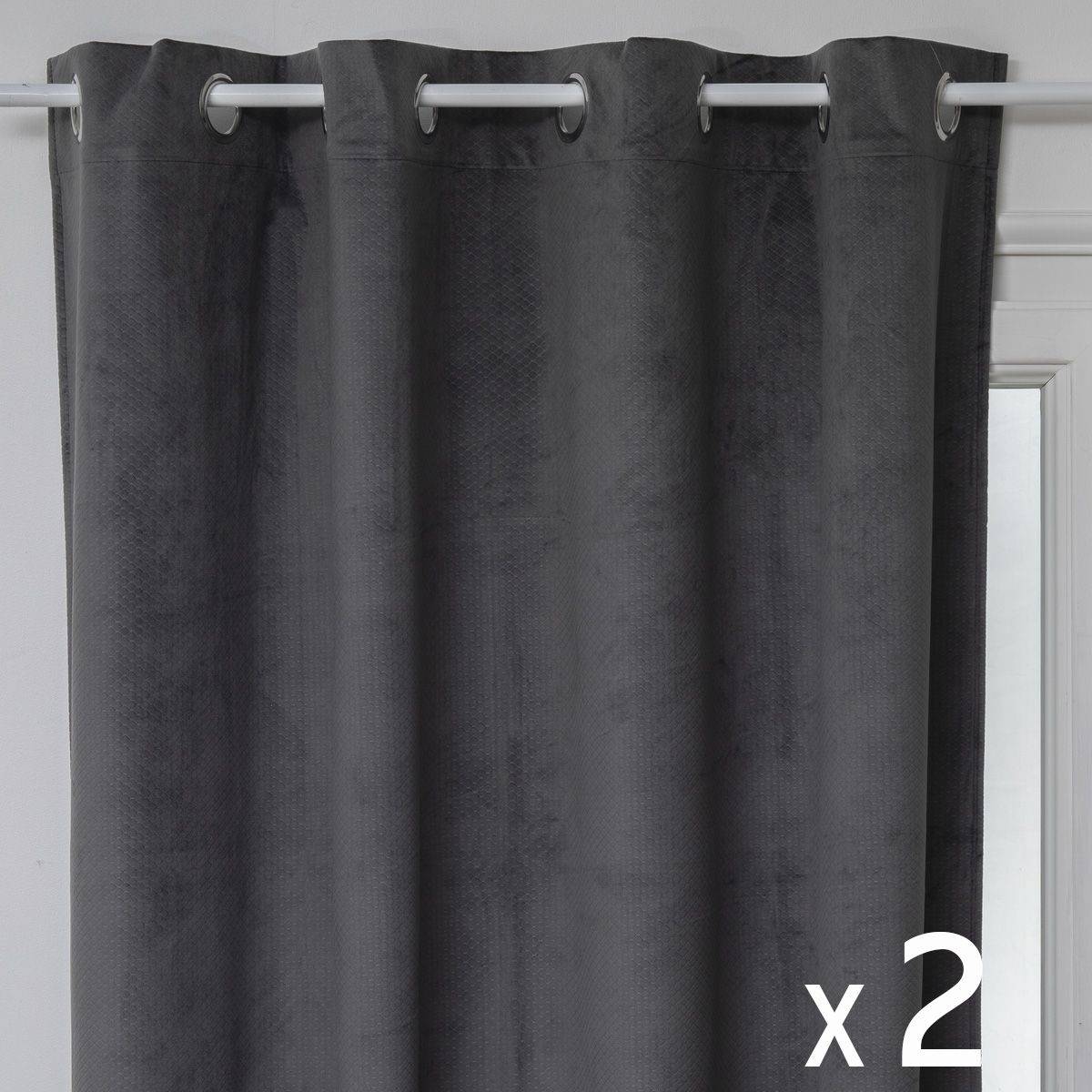 Atmosphera - Lot de 2 Rideaux à  œillets Occultant en Velours Gris motif en relief 140 x 260 cm - Image 1