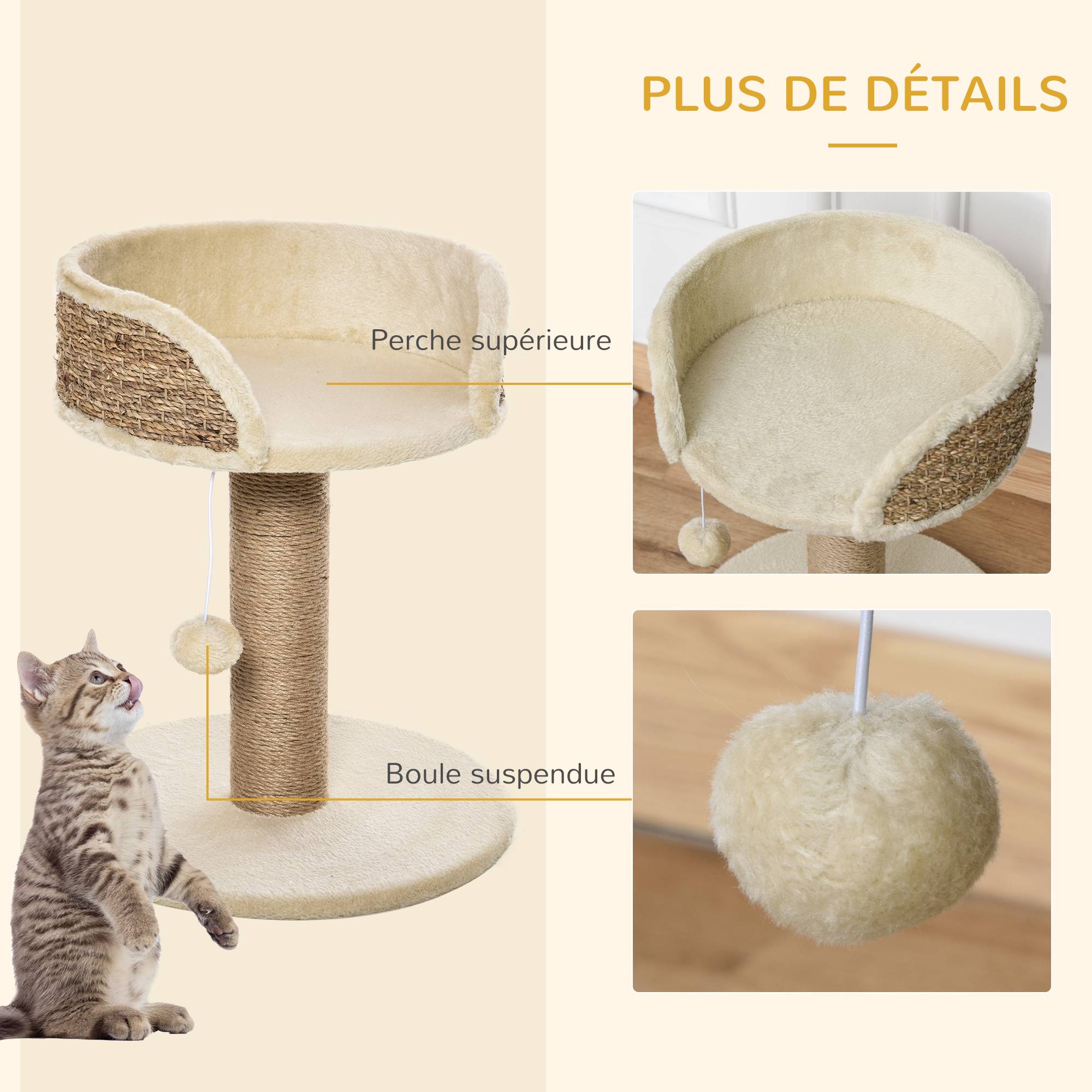 Petit arbre à chat design avec plateforme d'observation et jeu suspendu 49 cm Beige - ComfortXL Outdoor Living - Image 8