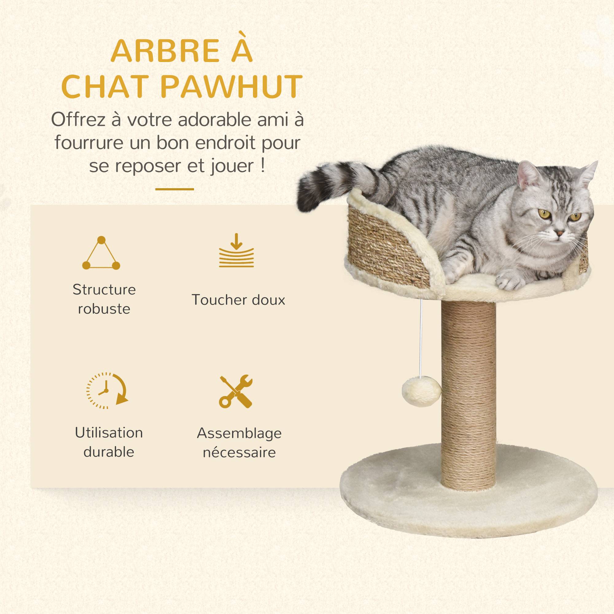 Petit arbre à chat design avec plateforme d'observation et jeu suspendu 49 cm Beige - ComfortXL Outdoor Living - Image 6