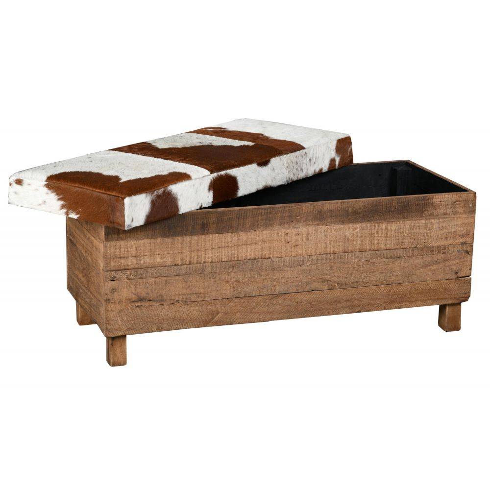 Aubry Gaspard - Coffre banquette en bois recyclé et peau de vache - Image 2
