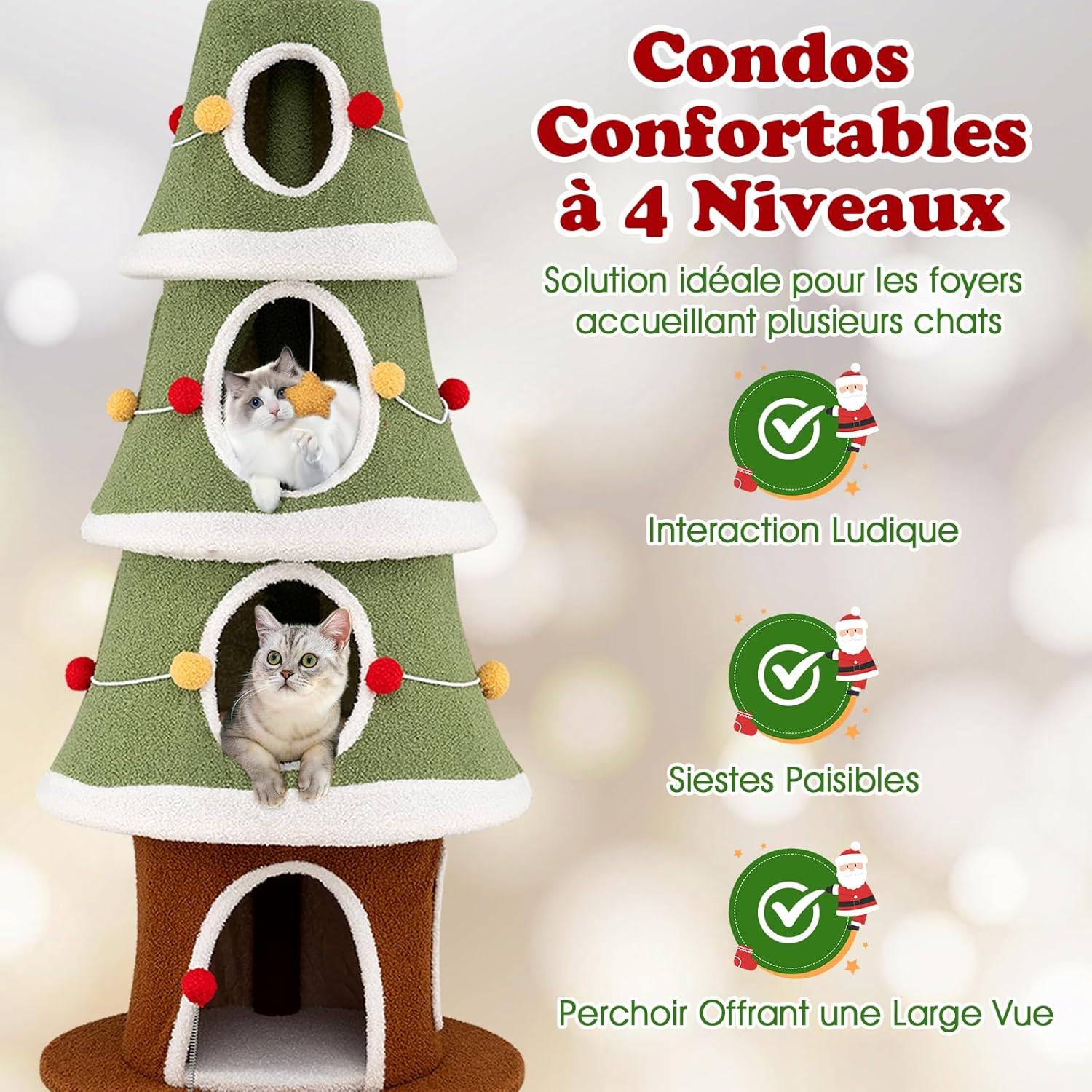 Arbre à Chat XXL de Noël 154 cm, 4 Condos, Planche à Griffer en Sisal, Arbre a Chat Design, Tissu Peluche Lavable, Étoile en Sommet, Tour pour Chaton - Image 2