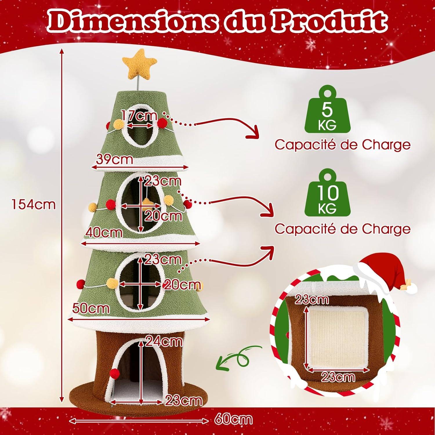 Arbre à Chat XXL de Noël 154 cm, 4 Condos, Planche à Griffer en Sisal, Arbre a Chat Design, Tissu Peluche Lavable, Étoile en Sommet, Tour pour Chaton - Image 4
