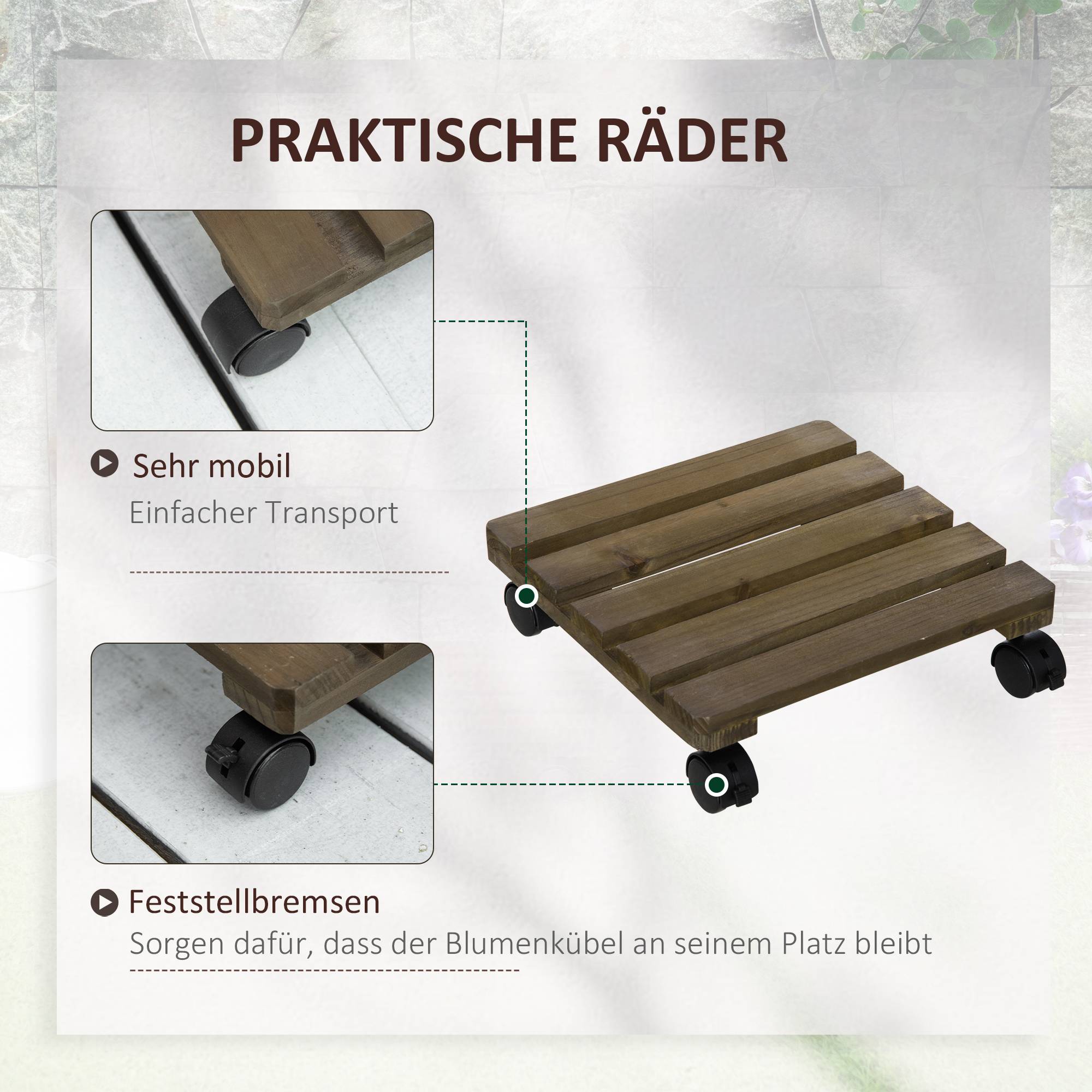 Set 2 supports plantes roulants, bois massif, 4 roues freins, 30x30x7 cm, brun + noir - Image 6