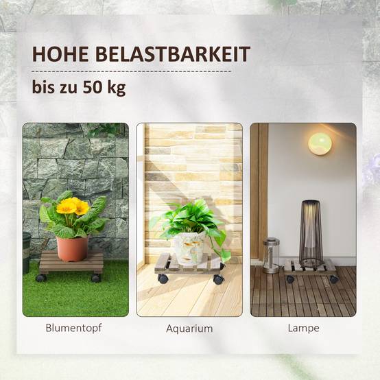 Set 2 supports plantes roulants, bois massif, 4 roues freins, 30x30x7 cm, brun + noir - Image 8