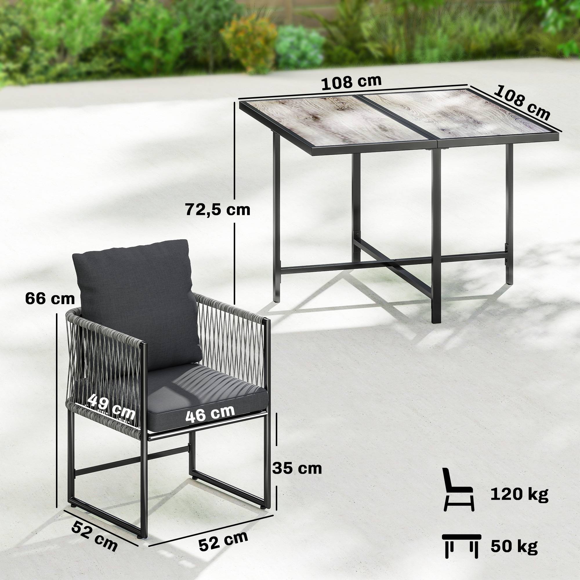 ComfortXL - Salon de jardin 5 pièces résine tressée acier gris table 108 cm 4 fauteuils rangement sous table gain de place - Image 3