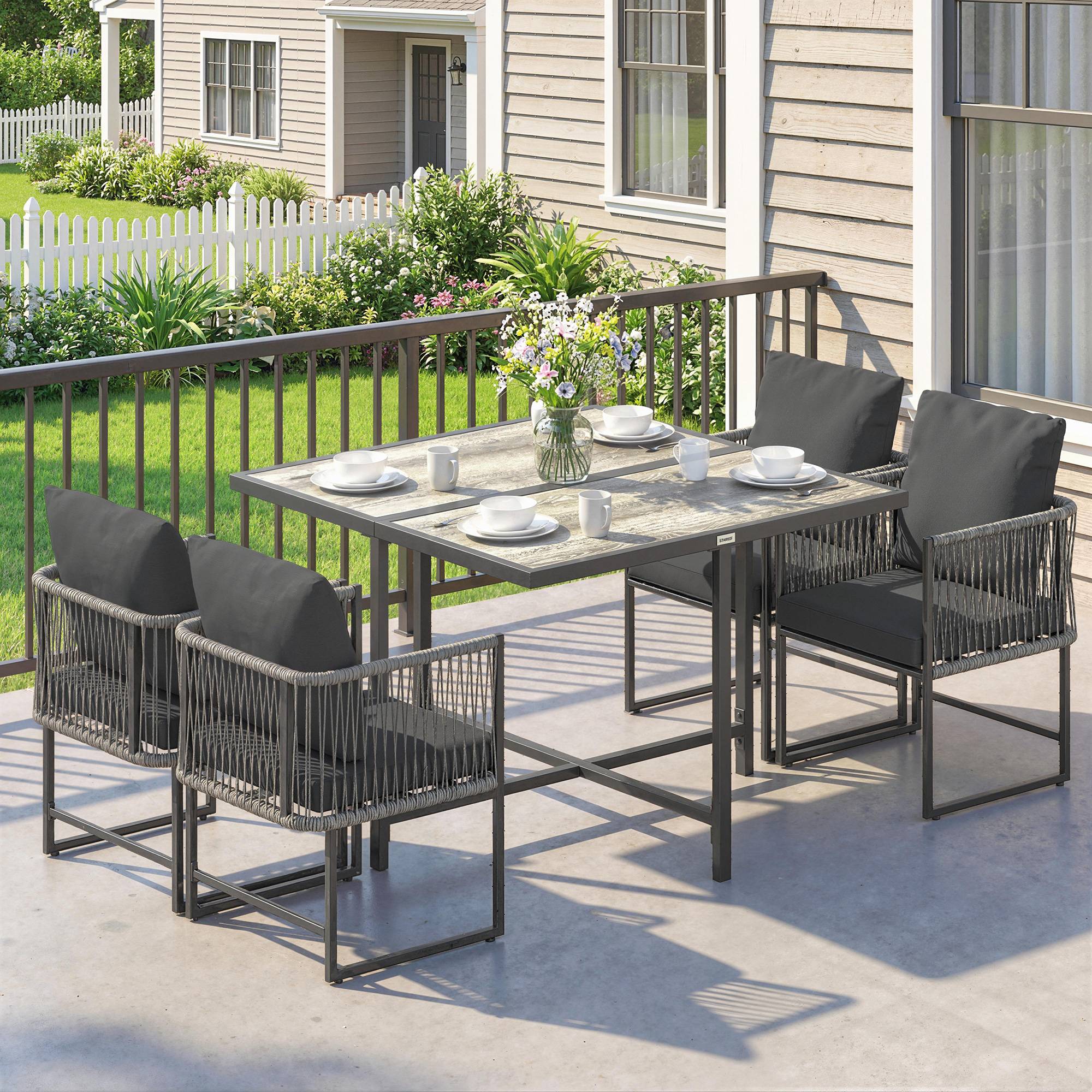 ComfortXL - Salon de jardin 5 pièces résine tressée acier gris table 108 cm 4 fauteuils rangement sous table gain de place - Image 9
