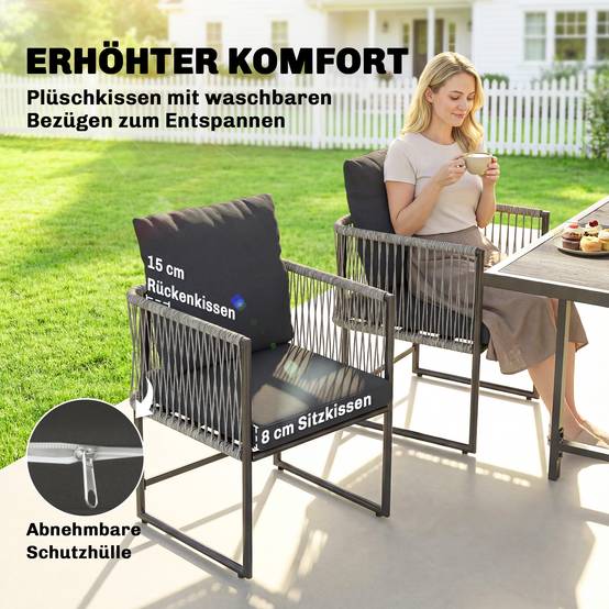ComfortXL - Salon de jardin 5 pièces résine tressée acier gris table 108 cm 4 fauteuils rangement sous table gain de place - Image 7