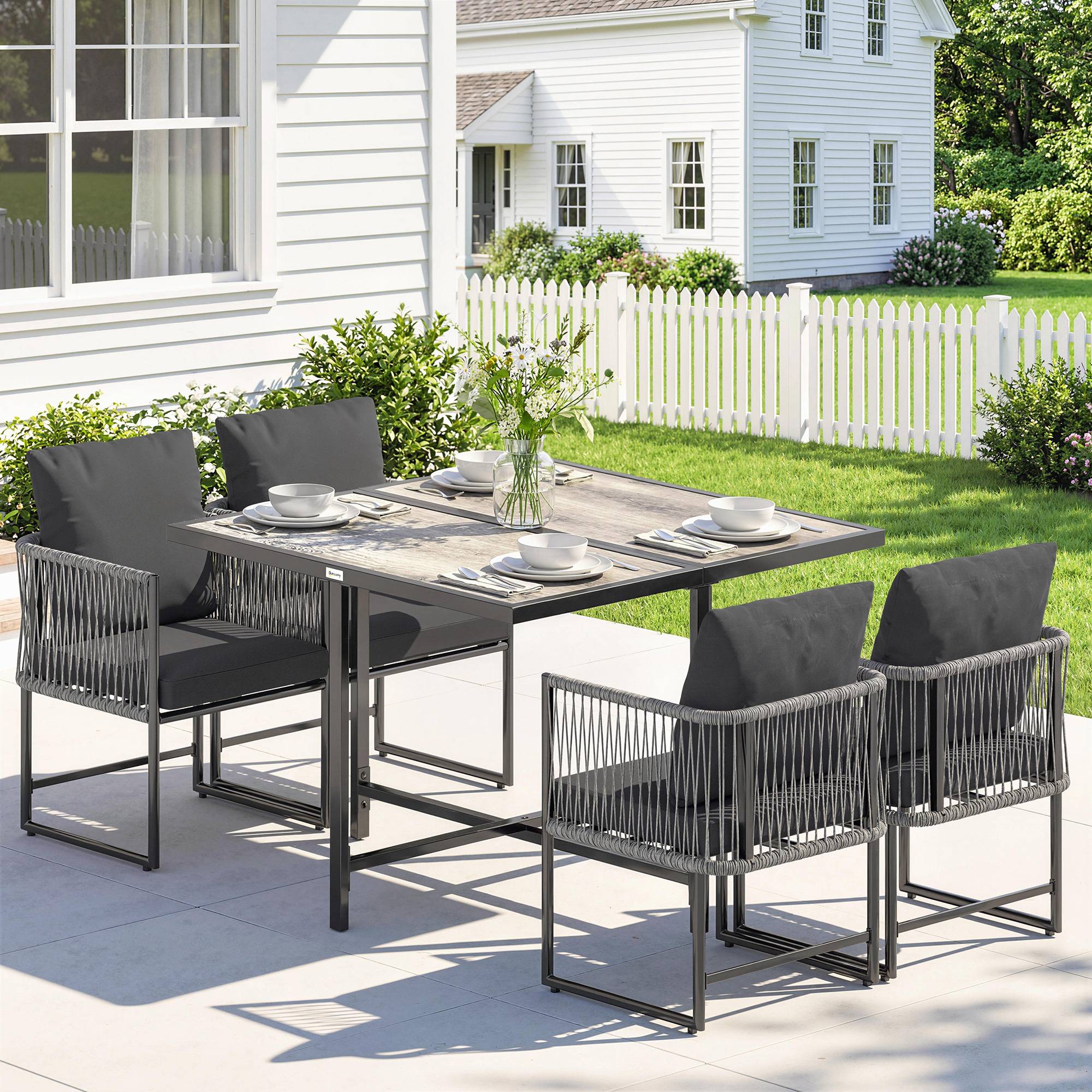 ComfortXL - Salon de jardin 5 pièces résine tressée acier gris table 108 cm 4 fauteuils rangement sous table gain de place