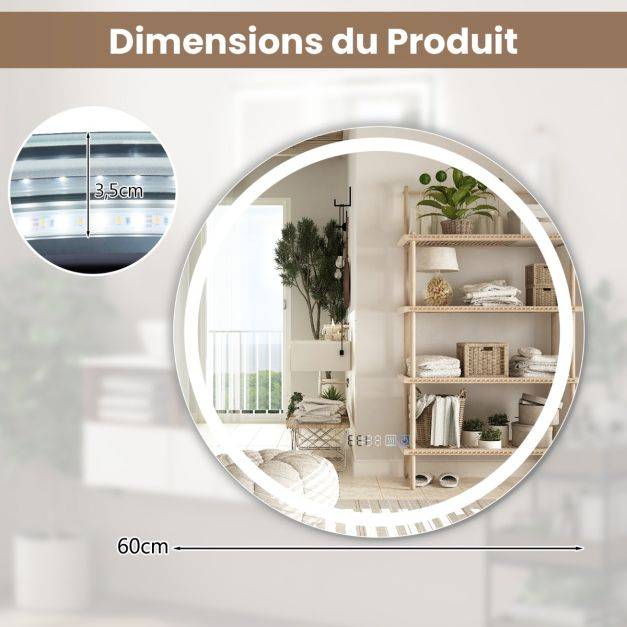 Helloshop26 - Miroir mural led 60 cm miroir rond avec luminosité réglable en continu 3 températures de couleur fonction anti-buée&mémoire miroir argent - Image 3
